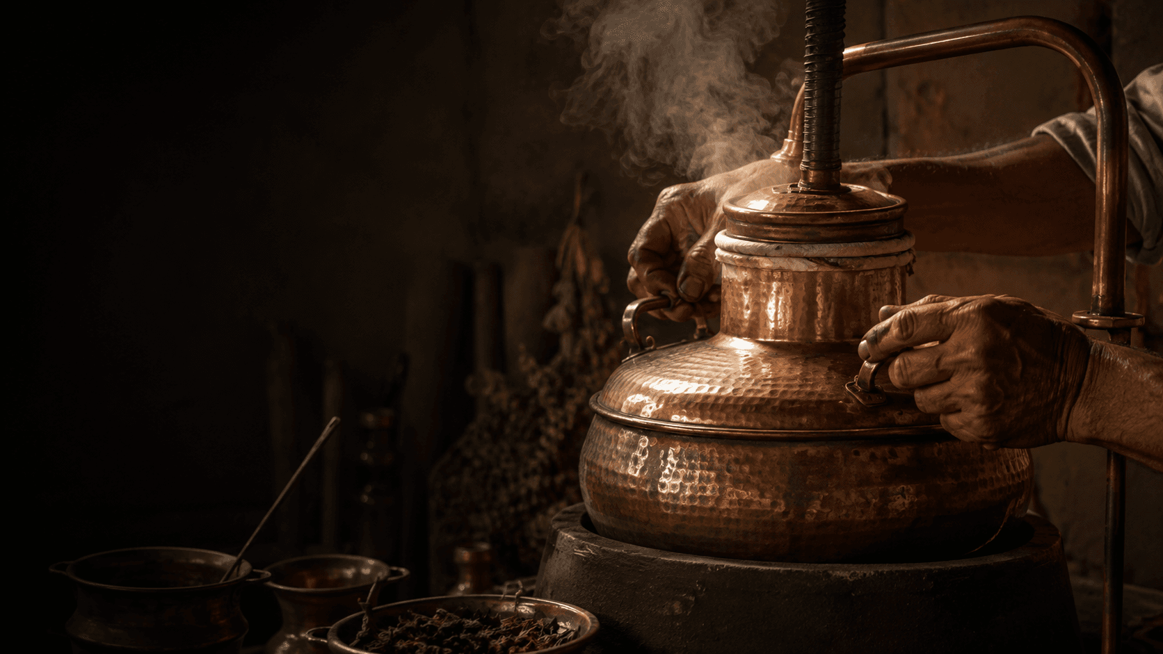 An artisan's hands sealing a hammered copper still, steam rising from the pipe, with dried botanicals waiting nearby.