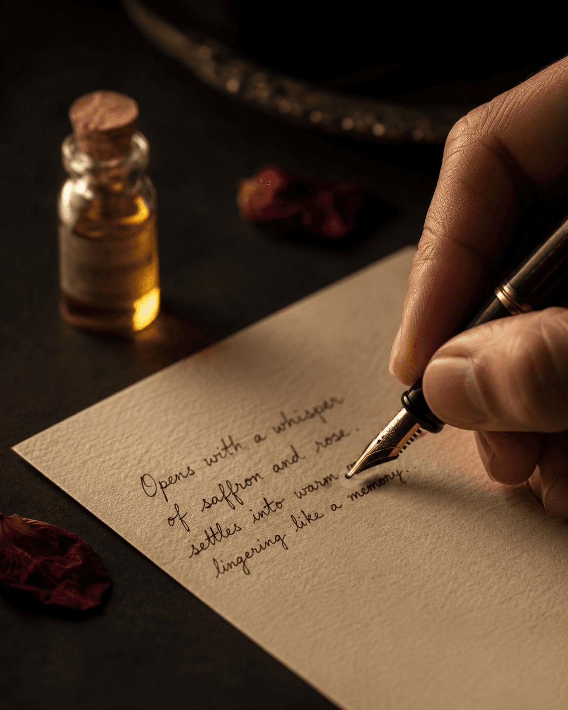 A hand writing a fragrance description in ink on a parchment card, an attar vial resting nearby.