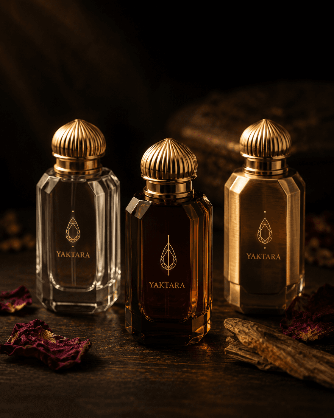 Three Yaktara attar bottles in different finishes arranged for the customer to choose their vessel.
