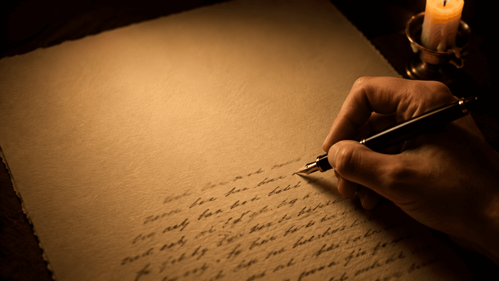 A hand writing a personal letter in fountain pen by candlelight on aged paper.